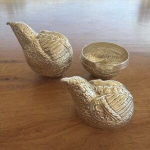 Vintage Silver Tone Bird Trinket Boxes Pair Quail Partridge 2.75"